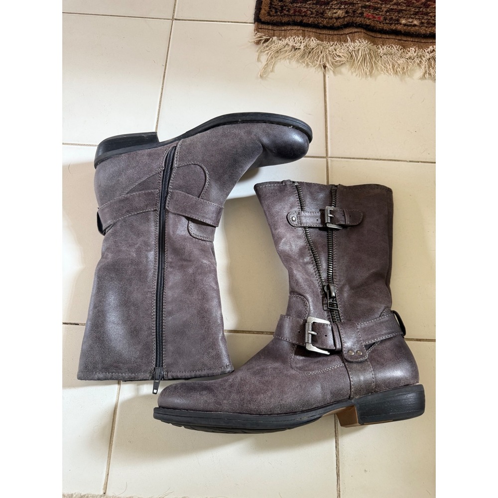 Baretraps Brynda Gray Moto Boots 10M Faux‎ Leather Zip Buckle Comfort Low Heel